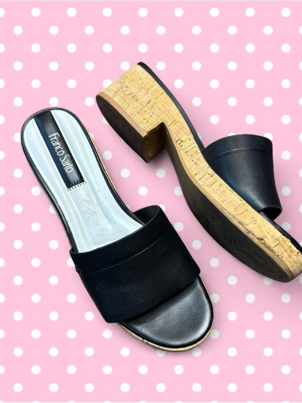 Franco Sarto Black Leather Cork Block Heel Mule Sandals